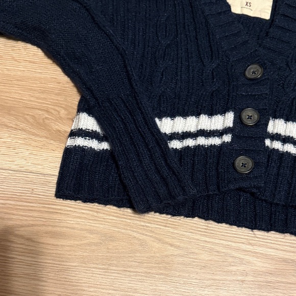 Hollister Dark Blue V Neck Cardigan Sweater with White Stripe - Picture 4 of 4